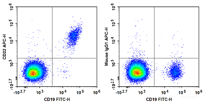 Human peripheral blood lymphocytes are stained with FITC Anti-Human CD19 Antibody and APC Anti-Human CD22 Antibody (Left). Lymphocytes are stained with FITC Anti-Human CD19 Antibody and APC Mouse IgG1, κ Isotype Control (Right).