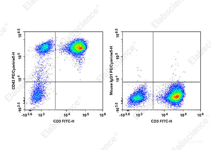Staining of normal human peripheral blood cells with FITC Anti-Human CD3 Antibody and PE/Cyanine5 Anti-Human CD43 Antibody[HI161] (left) or PE/Cyanine5 Mouse IgG1, κ Isotype Control (right). Cells in the lymphocytes gate were used for analysis.