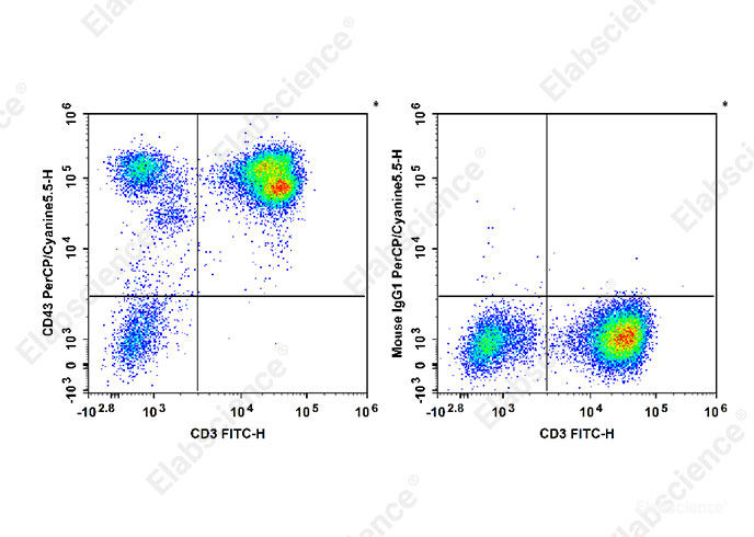 Staining of normal human peripheral blood cells with FITC Anti-Human CD3 Antibody and PerCP/Cyanine5.5 Anti-Human CD43 Antibody[HI161] (left) or PerCP/Cyanine5.5 Mouse IgG1, κ Isotype Control (right). Cells in the lymphocytes gate were used for analysis.