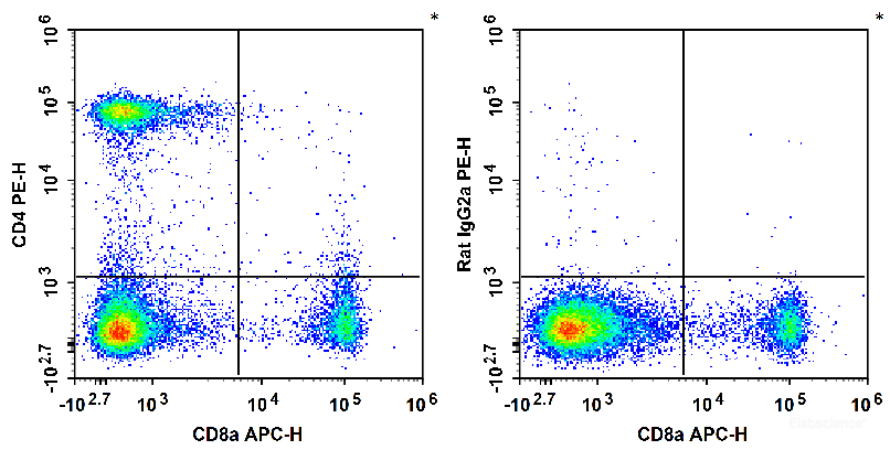 C57BL/6 murine splenocytes are stained with APC Anti-Mouse CD8a Antibody and PE Anti-Mouse CD4 Antibody[RM4-5] (Left). Splenocytes are stained with APC Anti-Mouse CD8a Antibody and PE Rat IgG2a, κ Isotype Control (Right).