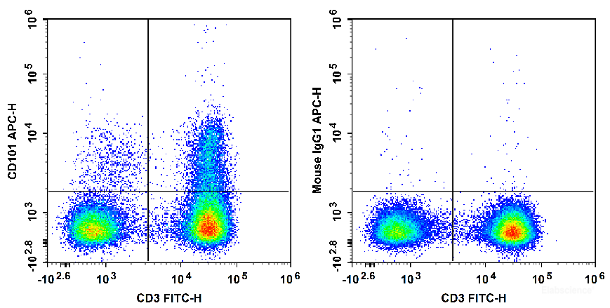 Human peripheral blood lymphocytes are stained with FITC Anti-Human CD3 Antibody and APC Anti-Human CD101 Antibody[BB27] (Left). Lymphocytes are stained with FITC Anti-Human CD3 Antibody and APC Mouse IgG1, κ Isotype Control (Right).