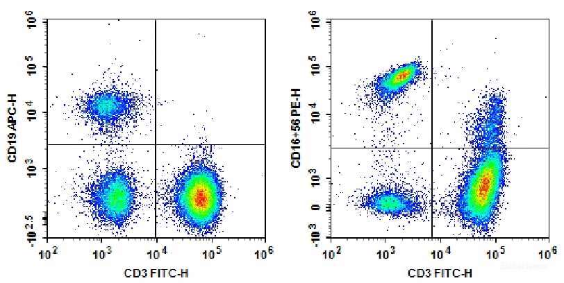 Human peripheral blood lymphocytes are stained with Anti-Human CD3-FITC/CD19-APC/CD16+CD56-PE.