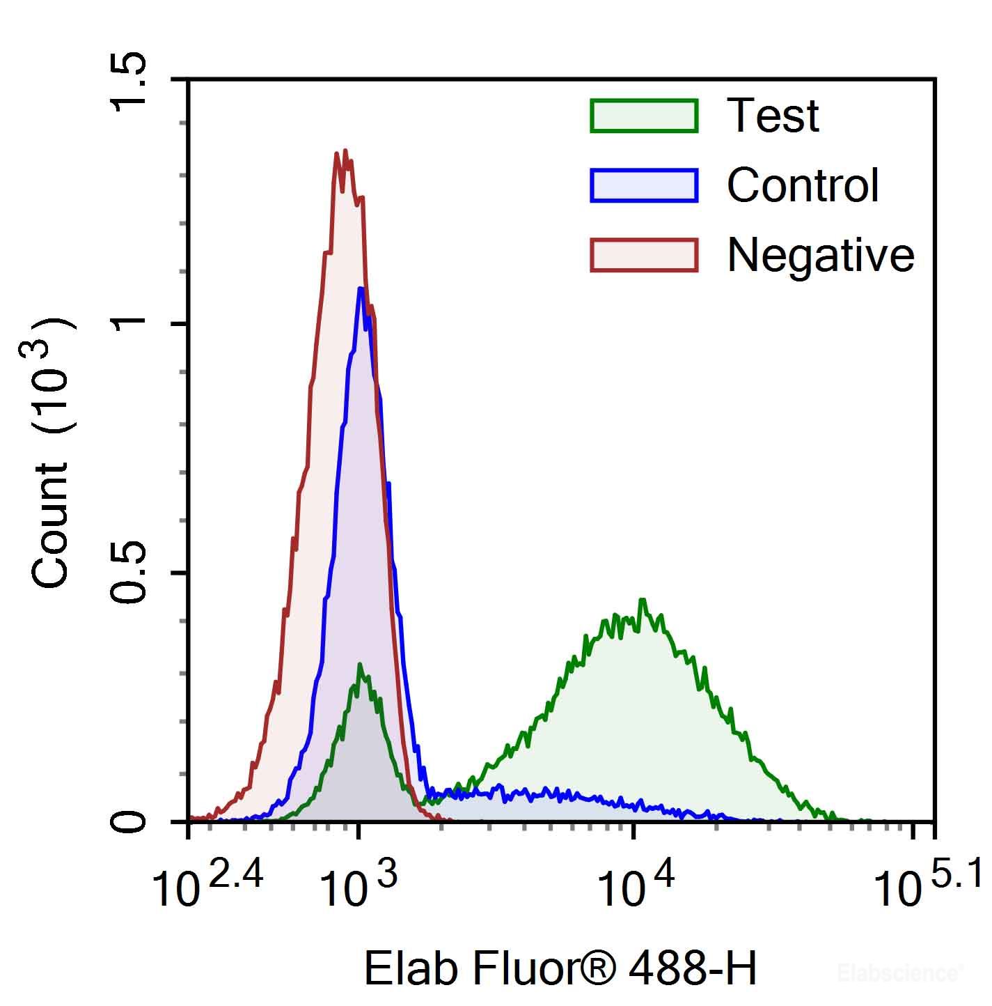 Camptothecin-induced apoptosis in HL-60 cells. Test: HL-60 cells were treated with 2.5 μM Camptothecin for 4h. Control: Normal HL-60 cells were not treated with drugs. Negative: HL-60 cells were treated with 2.5 μM camptothecin for 4h without TdT enzyme.