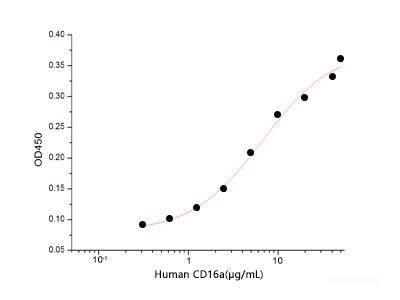 Immobilized Human IgG1Fc(Cat: PKSH032558) at 10μg/ml(100 μl/well) can bind Human CD16a-His. The ED50 of Human CD16a-His is 2.57 ug/ml .