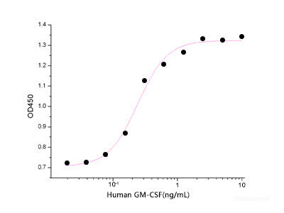 Measured in a cell proliferation assay using TF‑1 human erythroleukemic cells. The ED50 for this effect is 6-30pg/ml.