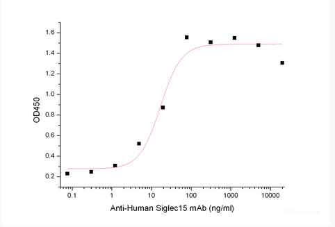 Immobilized Human Siglec-15-Fc (Cat#PKSH033851) at 2μg/ml (100 μl/well) can bind Anti-Human Siglec15 mAb. The ED50 of Anti-Human Siglec15 mAb is 16.8 ng/ml.