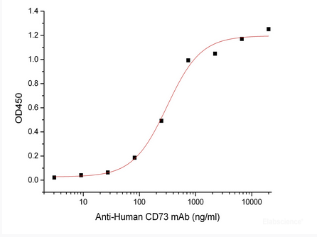 Immobilized Human CD73-Fc(Cat#PKSH033885) at 2μg/ml (100 μl/well) can bind Anti-Human CD73 mAb*.*: Biotinylated by NHS-biotin prior to testing.The ED50 of Anti-Human CD73 mAb* is 0.31 ug/ml.