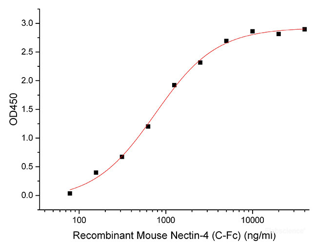 Immobilized Recombinant Mouse Nectin-4 (C-6His)(Cat#PKSM041376) at 10μg/ml (100 μl/well) can bind Recombinant Mouse Nectin-4 (C-Fc)(Cat#PKSM041375).The ED50 of PKSM041375 is 0.75 ug/ml.